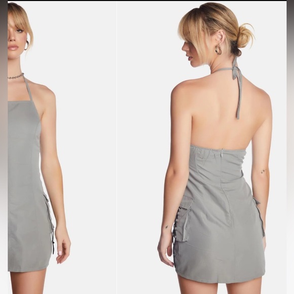 NWT Motel X Jacquie Schmidt bungee cord cargo pocket Mini halter tie neck dress - Picture 12 of 16
